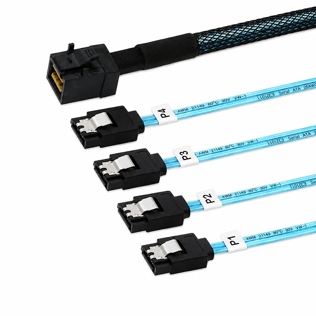 Angled view of ASUS MiniSAS HD to 4x 7-Pin SATA 850mm Internal Breakout Cable showing MiniSAS HD connector and four labeled SATA connectors.