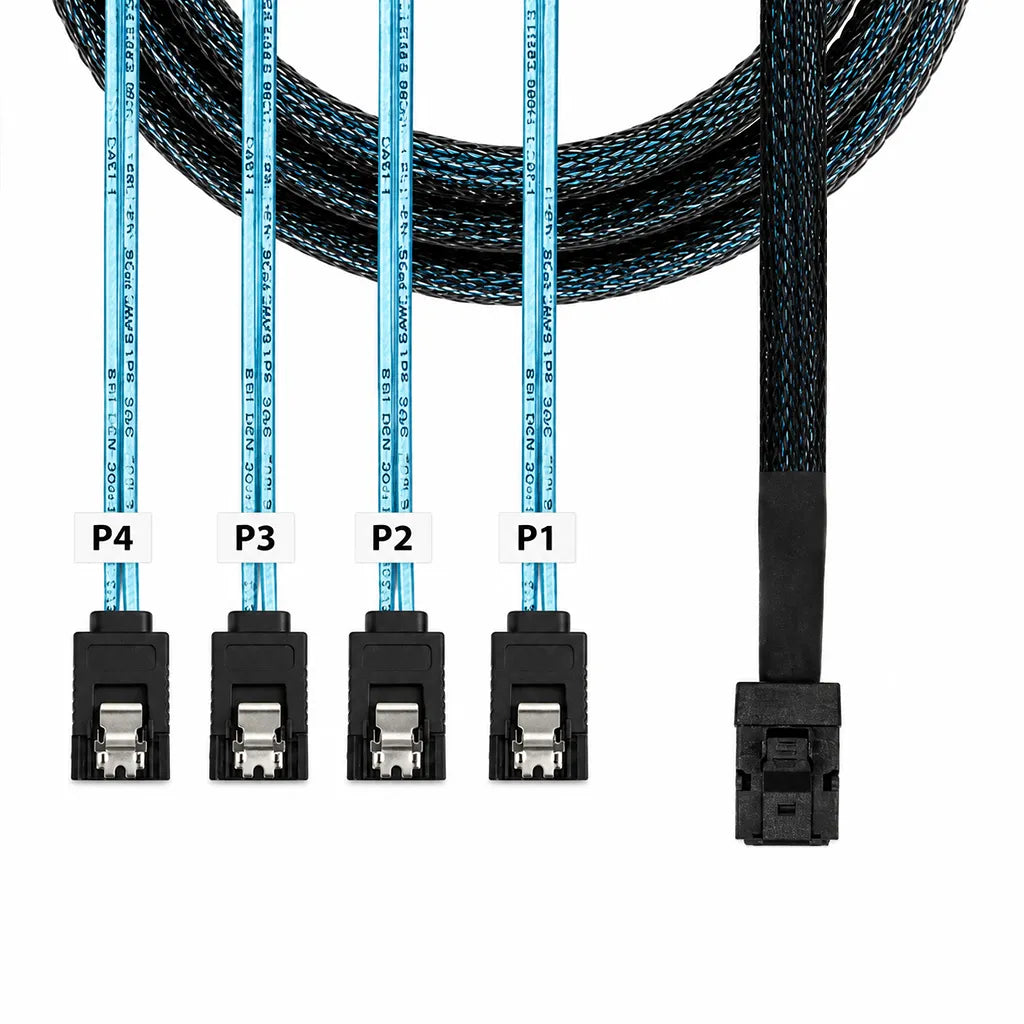 Bottom view of ASUS MiniSAS HD to 4x 7-Pin SATA 850mm Internal Breakout Cable highlighting four SATA connectors and the MiniSAS HD connector.