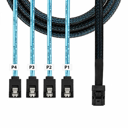 Bottom view of ASUS MiniSAS HD to 4x 7-Pin SATA 850mm Internal Breakout Cable highlighting four SATA connectors and the MiniSAS HD connector.