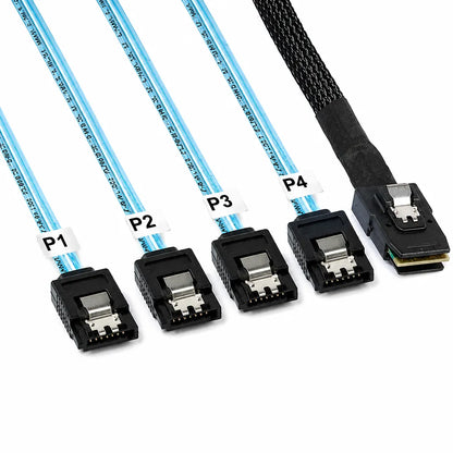 Close-up of the four 7-pin SATA connectors on the ASUS MiniSAS HD to 4x 7-Pin SATA 850mm Internal Breakout Cable with clearly labeled P1, P2, P3, and P4 ports.