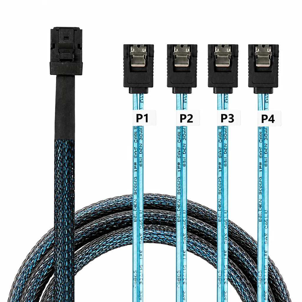 Front view of ASUS MiniSAS HD to 4x 7-Pin SATA 850mm Internal Breakout Cable featuring braided cable sleeve, coiled cable, and four SATA breakout connectors.