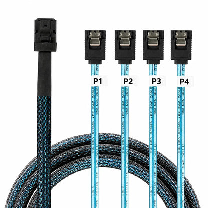 Front view of ASUS MiniSAS HD to 4x 7-Pin SATA 850mm Internal Breakout Cable featuring braided cable sleeve, coiled cable, and four SATA breakout connectors.