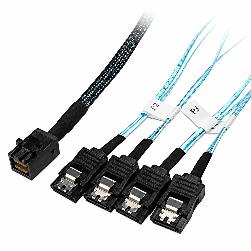 ASUS MiniSAS HD to 4x 7-Pin SATA 850mm Internal Breakout Cable with MiniSAS HD connector and four 7-pin SATA breakout connectors on a white background.