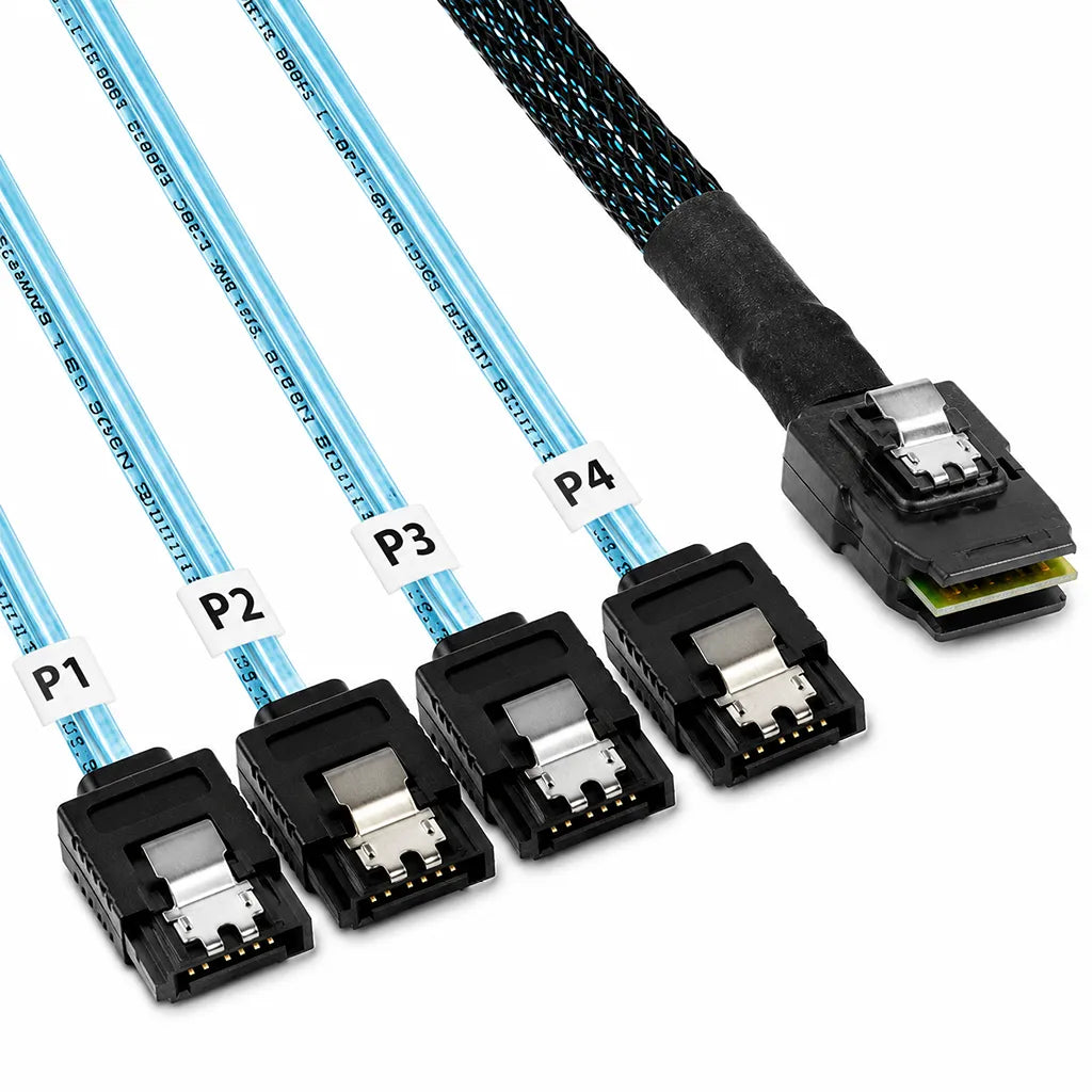 Close-shot of ASUS MiniSAS HD to 4x 7-Pin SATA 850mm Internal Breakout Cable highlighting the MiniSAS HD connector, braided sleeve, and four 7-pin SATA breakout connectors.