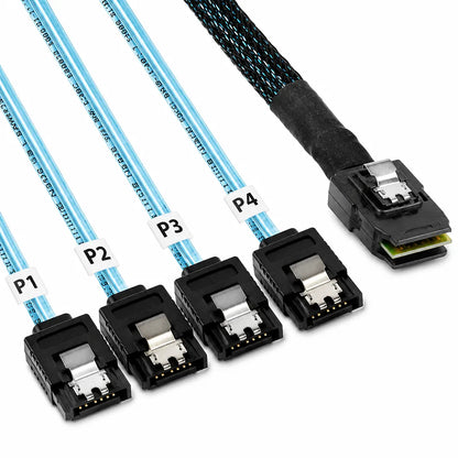 Close-shot of ASUS MiniSAS HD to 4x 7-Pin SATA 850mm Internal Breakout Cable highlighting the MiniSAS HD connector, braided sleeve, and four 7-pin SATA breakout connectors.
