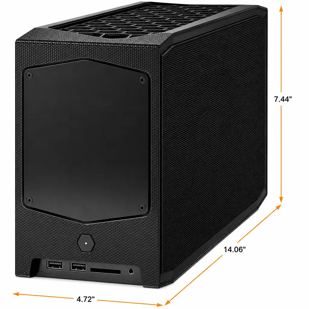 ASUS NUC 11 Extreme Kit Barebone Mini PC front left view with product dimensions, compact chassis and Intel Core i9-11900KB support.