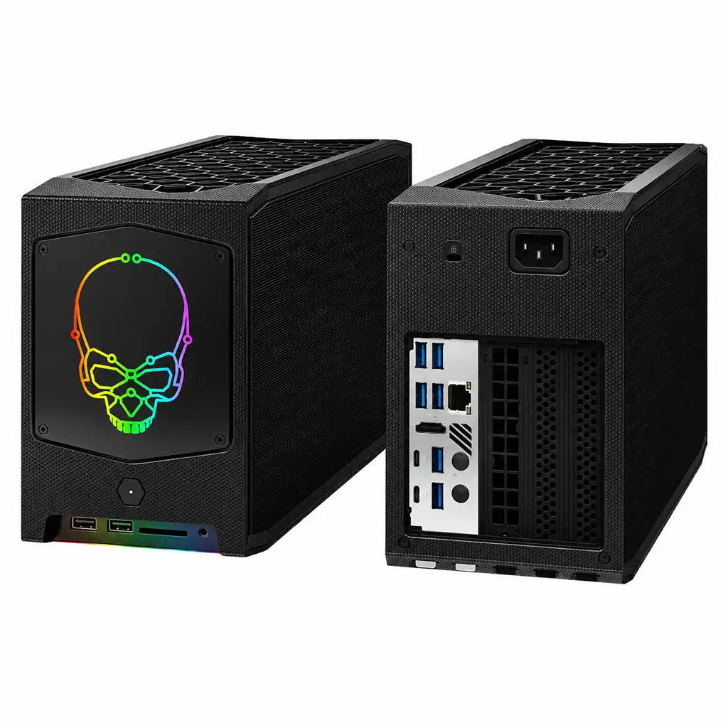 Front and rear view of ASUS NUC 11 Extreme Kit Barebone Mini PC with Intel Core i9-11900KB, Thunderbolt 4, WiFi 6E, Bluetooth 5.2 and 2.5GbE connectivity.