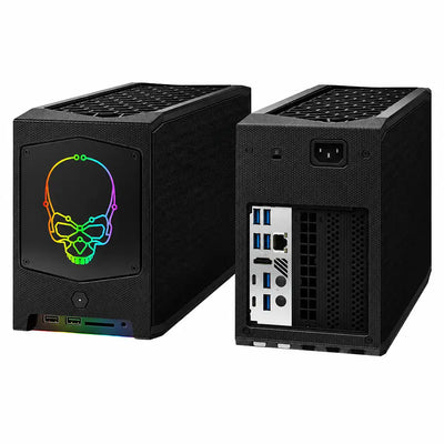 Front and rear view of ASUS NUC 11 Extreme Kit Barebone Mini PC with Intel Core i9-11900KB, Thunderbolt 4, WiFi 6E, Bluetooth 5.2 and 2.5GbE connectivity.