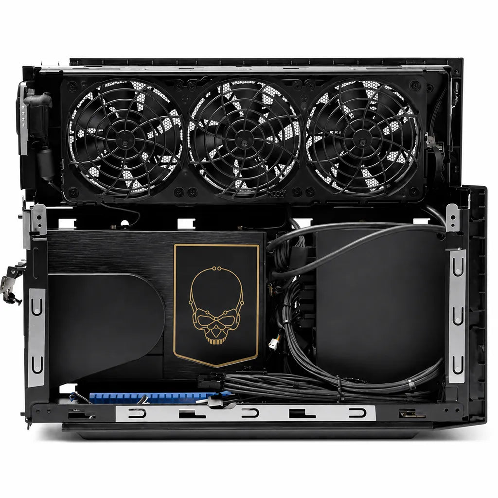 Internal chassis of ASUS NUC 11 Extreme Kit featuring triple-fan cooling, cable management and modular Barebone Mini PC design.