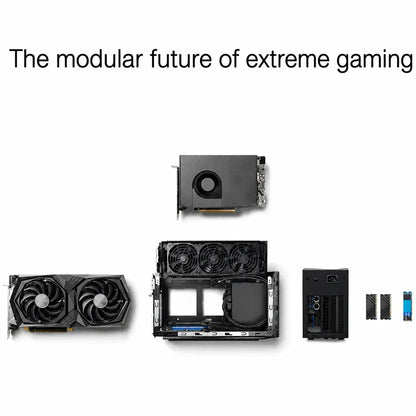 Exploded view of ASUS NUC 11 Extreme Kit highlighting modular chassis, graphics card compatibility, cooling system and internal components.