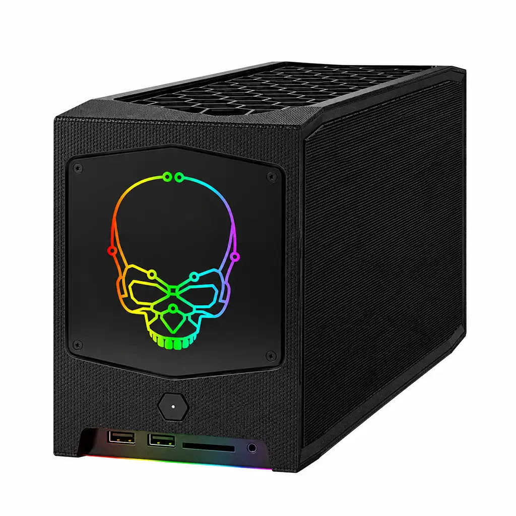 Front angled view of ASUS NUC 11 Extreme Kit Barebone Mini PC featuring RGB skull panel, Intel Core i9-11900KB support and compact gaming chassis.