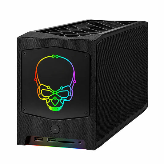 Front angled view of ASUS NUC 11 Extreme Kit Barebone Mini PC featuring RGB skull panel, Intel Core i9-11900KB support and compact gaming chassis.