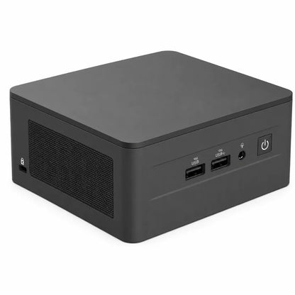 ASUS NUC 13 Pro NUC13ANHi7 compact barebone mini PC front right angle with front I/O ports.