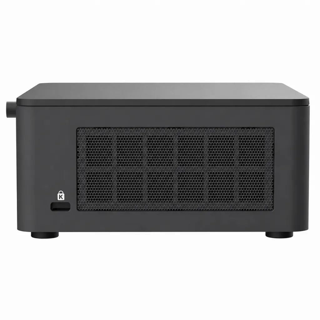 ASUS NUC 13 Pro NUC13ANHi7 barebone mini PC left side view with ventilation grille and compact black chassis.