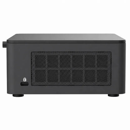 ASUS NUC 13 Pro NUC13ANHi7 barebone mini PC left side view with ventilation grille and compact black chassis.