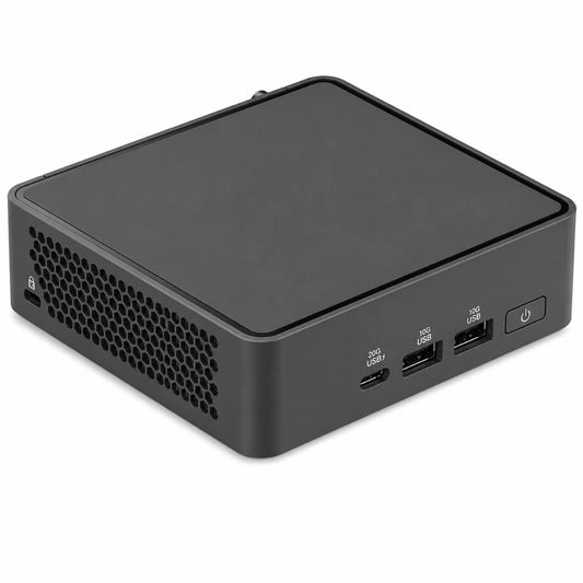 Compact ASUS NUC 15 Pro Slim Kit NUC15CRKU5 mini-PC with front USB connectivity and modern design.