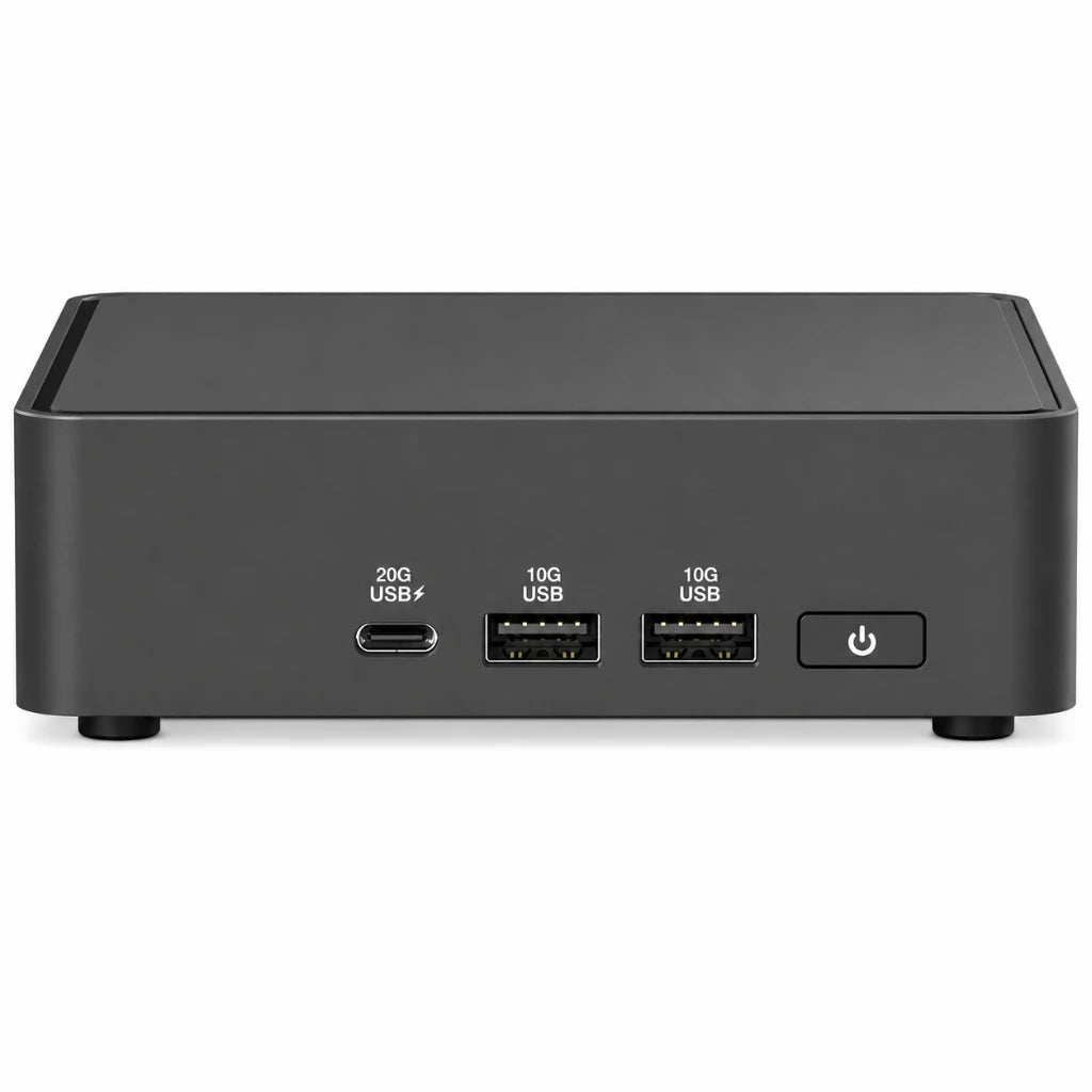Front panel of ASUS NUC 15 Pro Slim Kit with USB 20Gbps Type-C and dual USB 10Gbps Type-A ports.