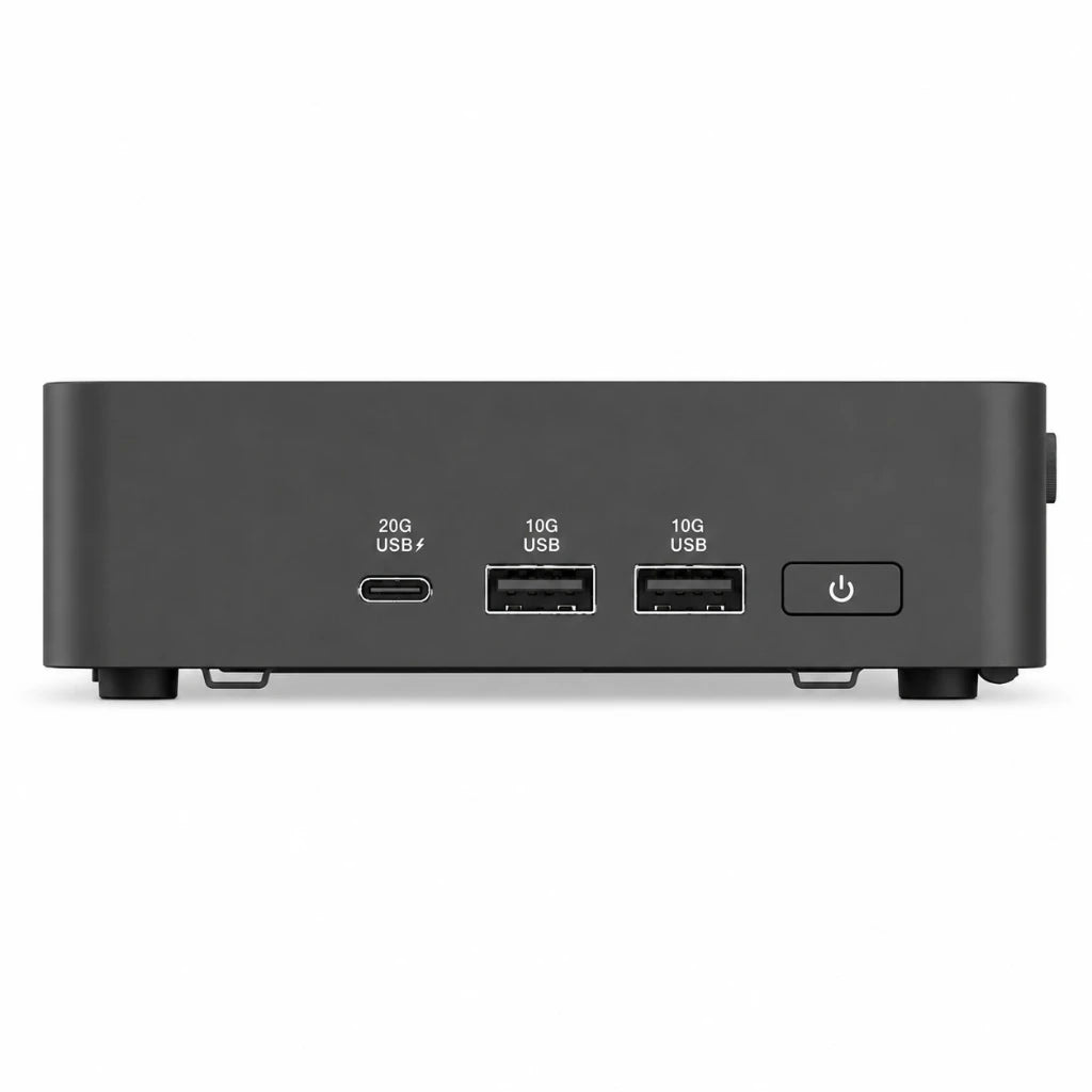 Front view of ASUS NUC 15 Pro Slim Kit NUC15CRKU5 featuring USB ports and power button.