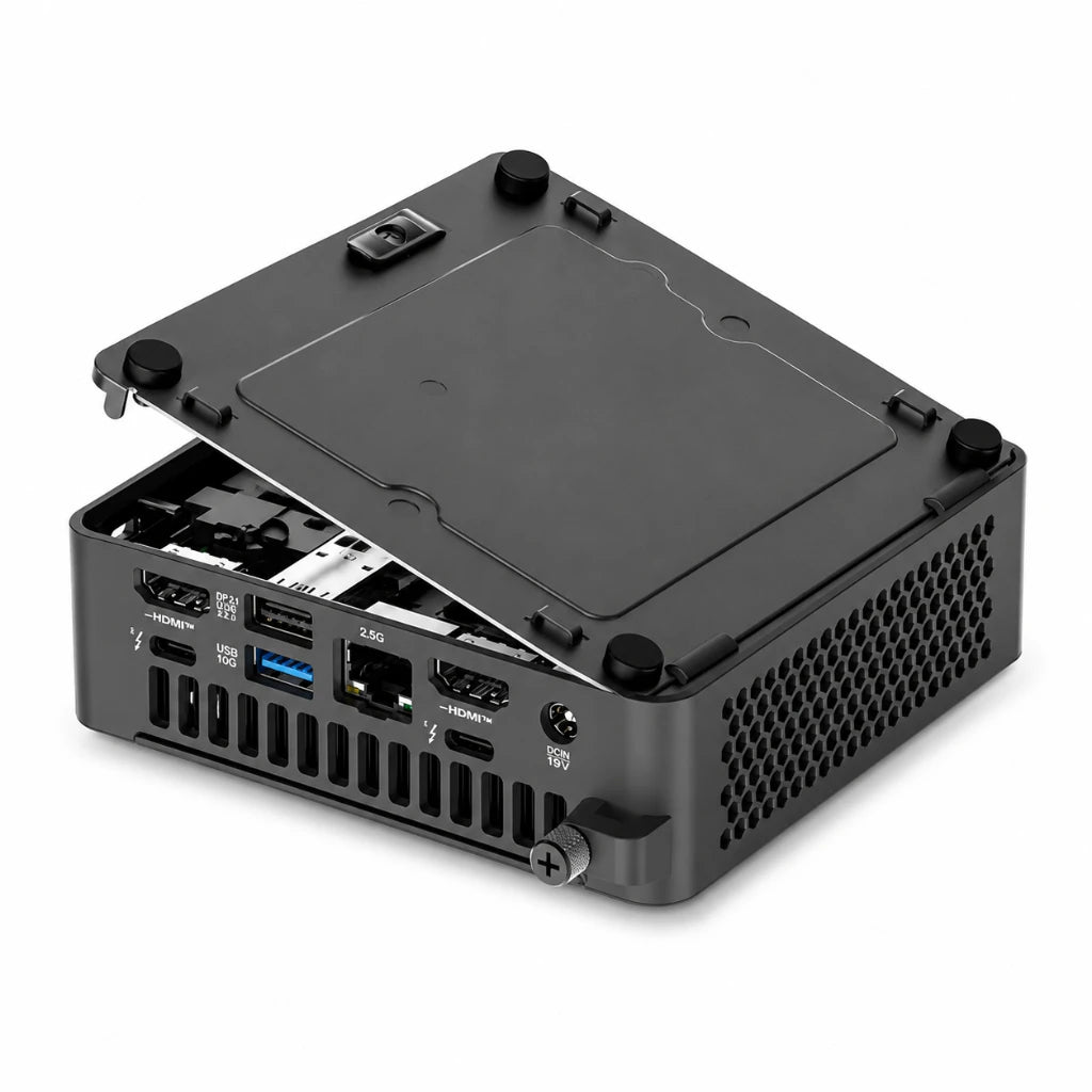 ASUS NUC 15 Pro Slim Kit NUC15CRKU5 barebone mini PC with open chassis for easy DDR5 memory and NVMe SSD installation.