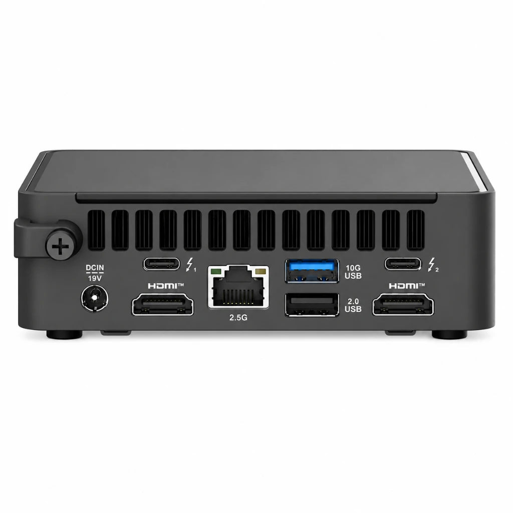Rear connectivity ports of ASUS NUC 15 Pro Slim Kit featuring Thunderbolt 4, HDMI 2.1, USB, and 2.5Gb Ethernet.