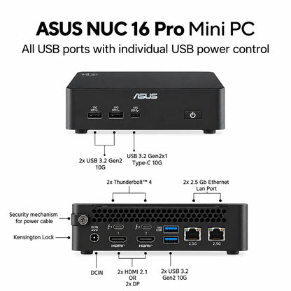 ASUS NUC 16 Pro Mini PC detailed port diagram showing USB power control Thunderbolt 4 and dual 2.5G LAN -tpstech.in