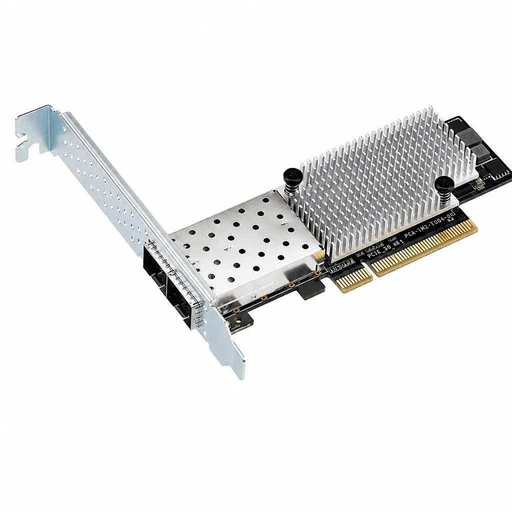 ASUS PEB-10G/57840-2S PCI-E 3.0 dual-port 10GbE SFP+ network adapter front angled view with heatsink and PCIe interface.