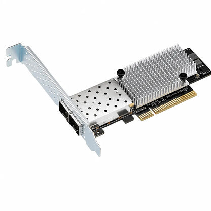 ASUS PEB-10G/57840-2S PCI-E 3.0 dual-port 10GbE SFP+ network adapter front angled view with heatsink and PCIe interface.