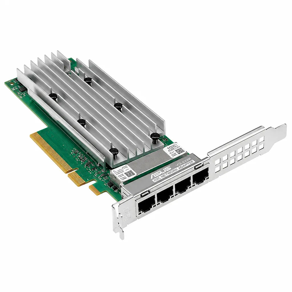 Opposite angled view of ASUS PEB-10G/57840-2S PCI-E 3.0 dual-port 10GbE SFP+ network adapter highlighting heatsink and network ports.