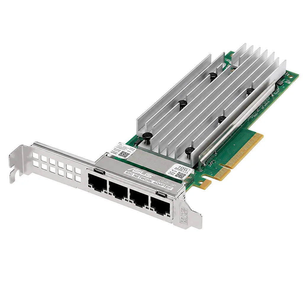 Rear angled view of ASUS PEB-10G/57840-2S PCI-E 3.0 dual-port 10GbE SFP+ network adapter with aluminum heatsink and PCIe edge connector.