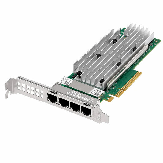 Rear angled view of ASUS PEB-10G/57840-2S PCI-E 3.0 dual-port 10GbE SFP+ network adapter with aluminum heatsink and PCIe edge connector.