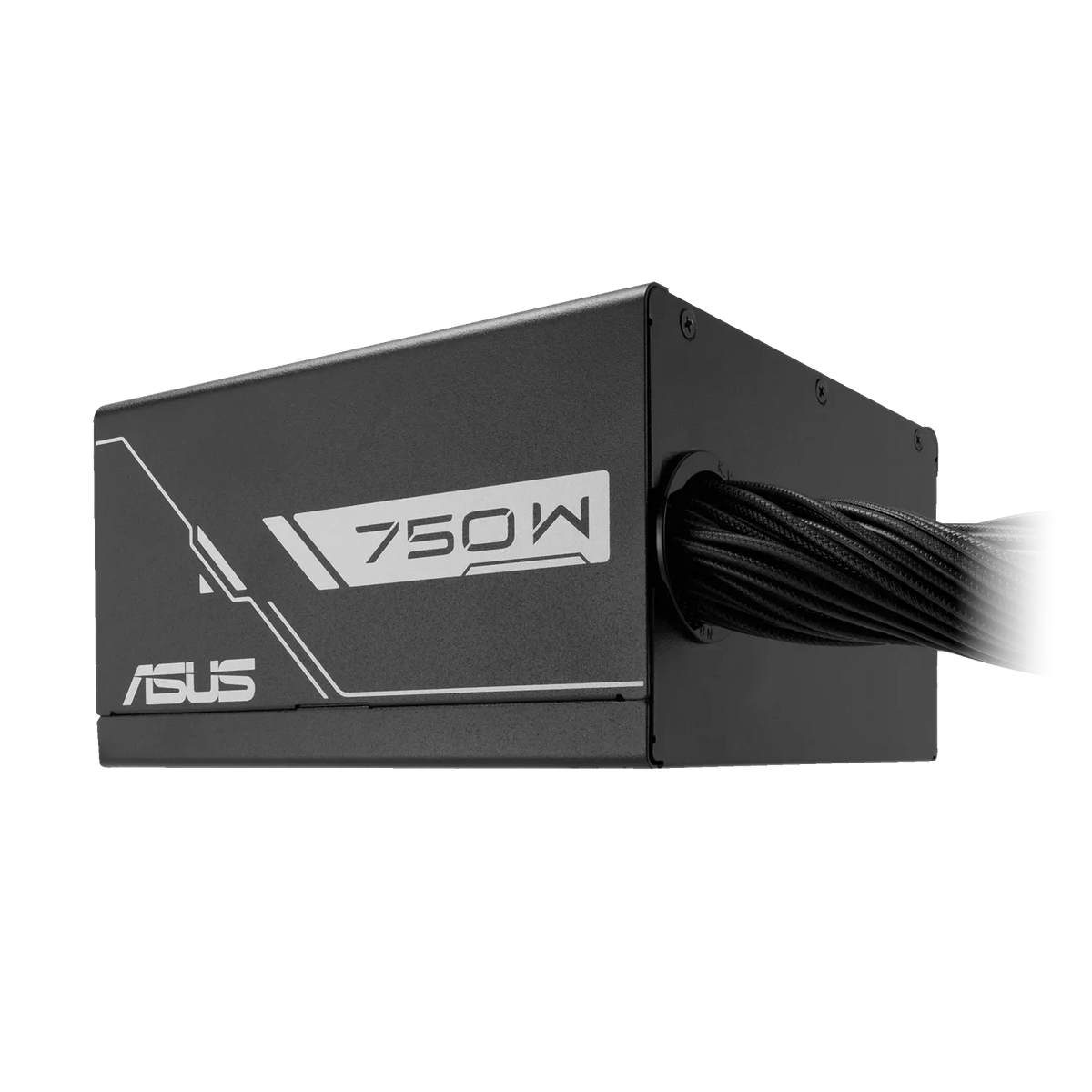 Side view of ASUS Prime 750B 750W 80+ Bronze ATX 2.0 power supply unit highlighting attached braided cables -tpstech.in