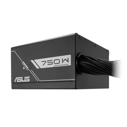 Side view of ASUS Prime 750B 750W 80+ Bronze ATX 2.0 power supply unit highlighting attached braided cables -tpstech.in