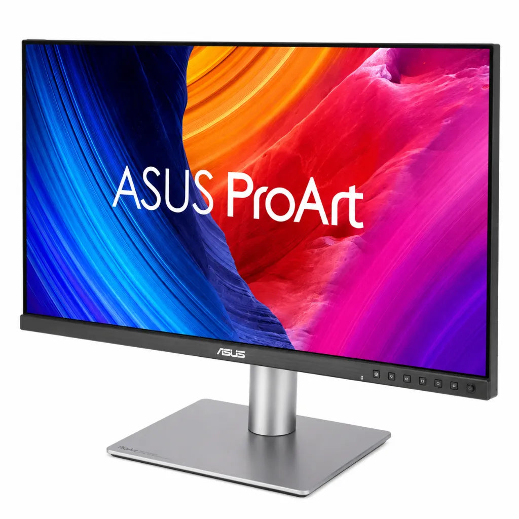 ASUS ProArt Display PA27JCV 27-inch 5K professional monitor left angle view with slim bezel and premium ergonomic stand.