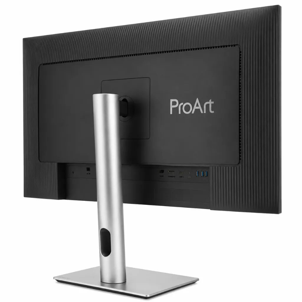 Rear angled view of ASUS ProArt Display PA27JCV professional monitor highlighting rear design and connectivity ports.