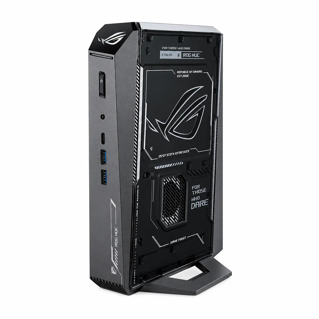 ASUS ROG NUC 2025 NUC15JNK Core Ultra 9 RTX 5070 Gaming Mini PC standing side angle view -tpstech.in