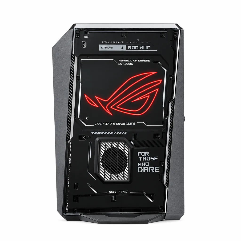 ASUS ROG NUC 2025 NUC15JNK Core Ultra 9 RTX 5070 Mini PC side view showing ROG RGB lighting -tpstech.in