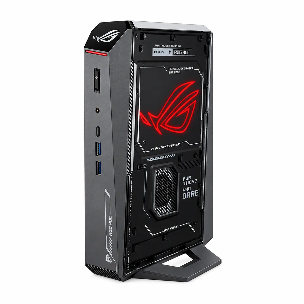 ASUS ROG NUC 2025 NUC15JNK Gaming Mini PC with illuminated red ROG logo on vertical stand -tpstech.in