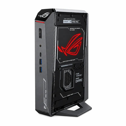 ASUS ROG NUC 2025 NUC15JNK Gaming Mini PC with illuminated red ROG logo on vertical stand -tpstech.in