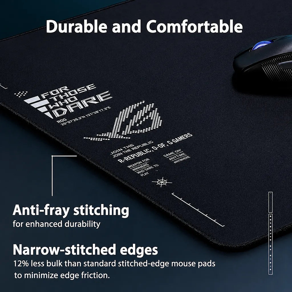 Close-up of the ASUS ROG Sheath II XXL gaming mouse pad showing anti-fray flat-stitched edges for enhanced durability and comfort.