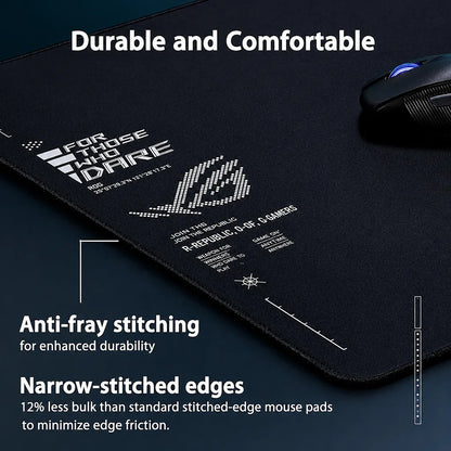 Close-up of the ASUS ROG Sheath II XXL gaming mouse pad showing anti-fray flat-stitched edges for enhanced durability and comfort.
