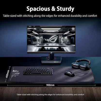 ASUS ROG Sheath II XXL gaming mouse pad measuring 900 x 400 mm with keyboard, mouse and headset on a full desk gaming setup.