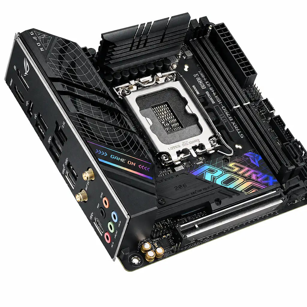ASUS ROG STRIX B760-I GAMING WIFI D5 Mini-ITX motherboard angled view with Intel LGA1700 socket, PCIe slot, RGB heatsinks and WiFi support on white background.