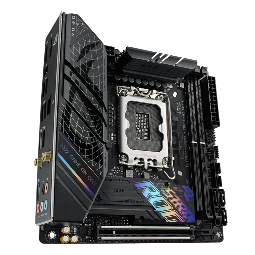 ASUS ROG STRIX B760-I GAMING WIFI D5 Mini-ITX motherboard top view showing Intel LGA1700 socket, dual DDR5 DIMM slots, PCIe x16 slot and RGB heatsinks.