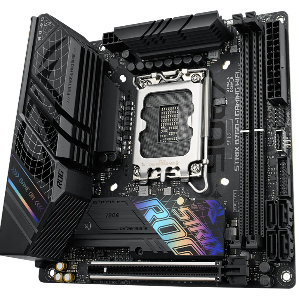 ASUS ROG STRIX B760-I GAMING WIFI D5 Mini-ITX motherboard front view featuring dual DDR5 memory slots, PCIe x16 slot, RGB heatsinks and SATA ports.