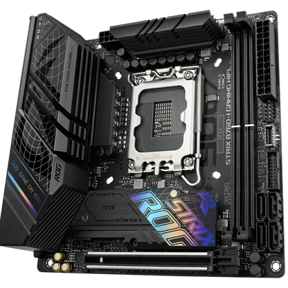 ASUS ROG STRIX B760-I GAMING WIFI D5 Mini-ITX motherboard front view featuring dual DDR5 memory slots, PCIe x16 slot, RGB heatsinks and SATA ports.
