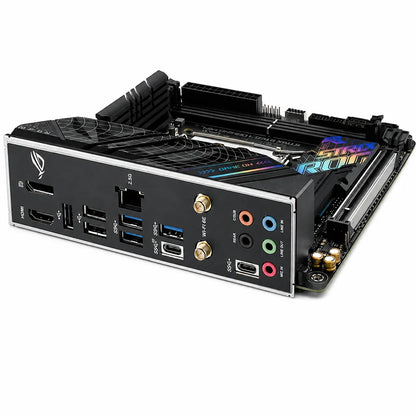 ASUS ROG STRIX B760-I GAMING WIFI D5 Mini-ITX motherboard rear I/O view with USB Type-C, HDMI, DisplayPort, 2.5Gb Ethernet and WiFi connectors.