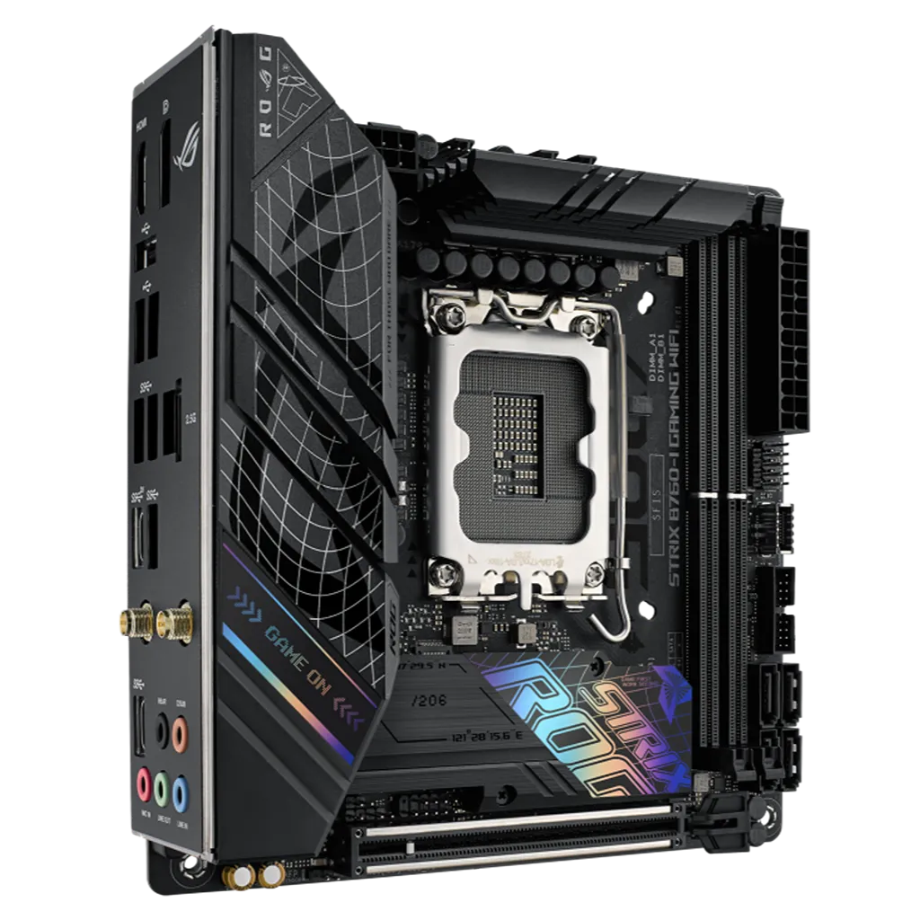 ASUS ROG STRIX B760-I GAMING WIFI D5 Mini-ITX motherboard front angled view with premium VRM heatsinks, Intel LGA1700 socket and PCIe Gen5 expansion slot.