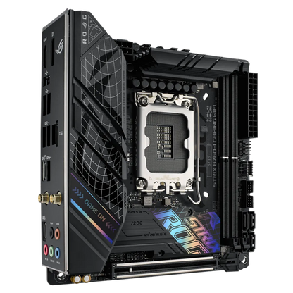 ASUS ROG STRIX B760-I GAMING WIFI D5 Mini-ITX motherboard front angled view with premium VRM heatsinks, Intel LGA1700 socket and PCIe Gen5 expansion slot.