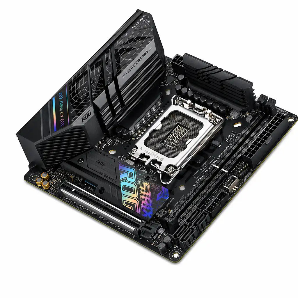 ASUS ROG STRIX B760-I GAMING WIFI D5 Mini-ITX motherboard top angled view featuring Intel LGA1700 socket, RGB M.2 heatsink and premium VRM cooling.