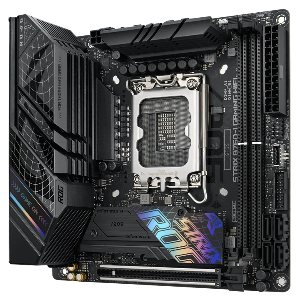 ASUS ROG STRIX B760-I GAMING WIFI D5 Mini-ITX motherboard side angle highlighting rear I/O shield, Intel LGA1700 socket, RGB accents and compact Mini-ITX design.